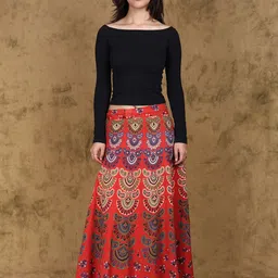 Exotic India Printed Pure Cotton Flared Maxi Skirts-image-88