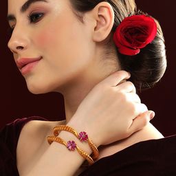 Rubans Set Of 2 24K Gold-Plated Pink Ruby-Studded Bangles-44