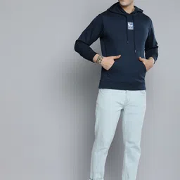 Mast & Harbour Men Navy Blue Hooded Solid Sweatshirt With Brand Logo Embroidered Detail-image-25
