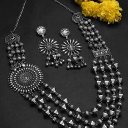 Fida Ethnic Oxidized Silver-Plated Floral Multi Layer Beaded Necklace Set for Women-image-33