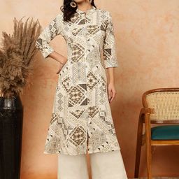 GULMOHAR JAIPUR Women Floral Printed Flared Sleeves Thread Work Floral Kurta-picture-53