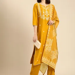 Anouk Women Women Yellow Embroidered Kurta with Trouser & Dupatta-picture-37