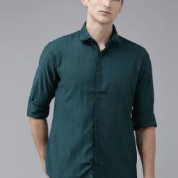 V Dot Green Cotton Slim Fit Striped Shirt-image-84