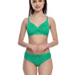 FIMS Green Lace Work Bra Panty Set-29