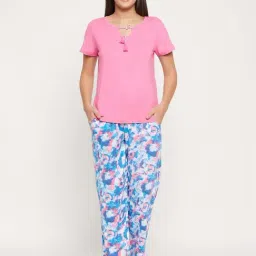 Clovia Pink & Blue Cotton Printed Top Pyjamas Set-image-66