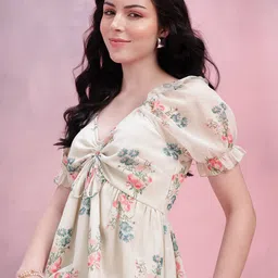 DressBerry Floral Print Ruched Tie-Up A-Line Midi Dress-picture-2