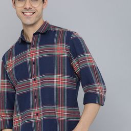 Mast & Harbour Men Navy Blue & Red Checked Cotton Linen Casual Shirt-11
