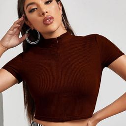 classy fashion Cotton Half Zipper Ribbed Crop Top-image-54