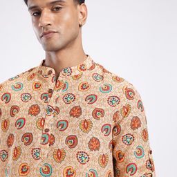 Anouk Rustic Band Collar Ethnic Motifs Printed Roll-Up Sleeves Kurta image 3