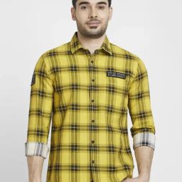 Spykar Sulphur Yellow Cotton Regular Slim Fit Checks Shirt-picture-25
