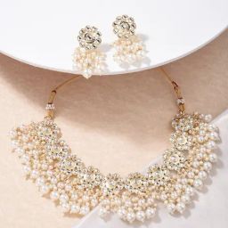 Fida Ethnic South Indian Traditional Antique Gold-Plated Pearl Kundan Choker Necklace Set for Women-image-25