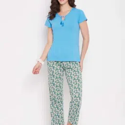 Clovia Blue & Green Cotton Floral Print Top Pyjamas Set-image-42