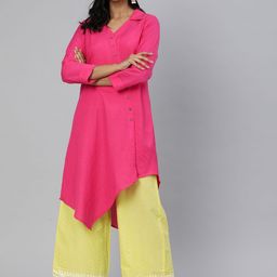 Global Desi Women Pink Solid Shirt Collar Asymmetric Tunic-24