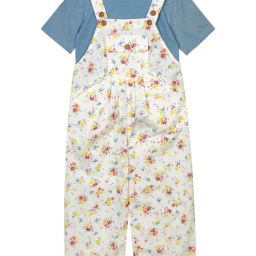 Budding Bees Kids Off White & Blue Floral Print T-Shirt with Dungaree-image-1