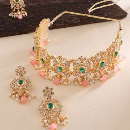 Zaveri Pearls Green & Pink Stones Traditional Choker Necklace Earring & Ring Set-ZPFK13803-5