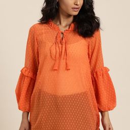 Qurvii Orange Solid Tie-Up Neck Puff Sleeves Dobby Weave Top-18