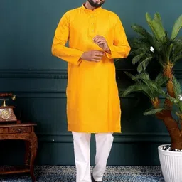 Men Solid A-line Kurta (Orange)-image-41