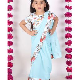 Little Bansi Floral Print Saree With Half Sleeves Blouse - Sky Blue-picture-19