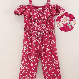 Babyhug  Rayon Sleeveless Woven Jumpsuit with Tassle at Waist Floral Print - Red-image-97