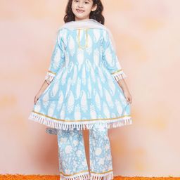 AJ Dezines Three Fourth Sleeves Paisley & Floral Motif Printed With Tassel Hem Detailed Coordinating Kurta & Sharara Set - Blue-image-98