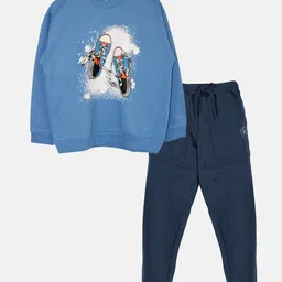 Kiddopanti Fleece Full Sleeves Shoes Printed  Sweatshirt With Joggers Track Set - Ink Blue & Navy Blue-picture-29