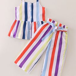 CrayonFlakes Rayon Sleeveless Striped Coordinating Top & Belted Palazzo Set - Off White-image-70