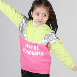 Babyhug Cotton Knit Full Sleeves Front Open Cut & Sew Hooded Sweat Shirt with Metallic Fabric & Zipper Detailing Text Print - Multicolour-image-22