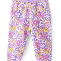 Babyhug Cotton Knit Full Length Lounge Pants With Floral Print - Lavender-image-97