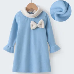 Kookie Kids Full Sleeves Solid ColourParty Frock with Peter Pan Collar & Bow Applique - Blue-picture-34
