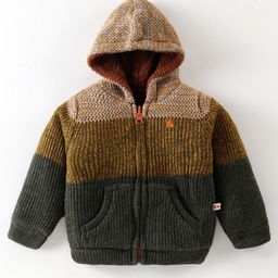 Yellow Apple Full Sleeves Hooded Sweatjacket With Colour Block Design & Kangaroo Pockets - Olive Green-27