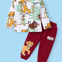 Babyhug Disney Cotton Knit Full Sleeves T-Shirt & Lounge Pants Set With Lion King Graphics & Badge Detailing - White & Dark Red-image-14