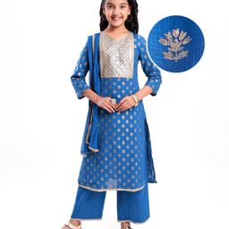 Pine Kids Cotton Woven Half Sleeves Floral Printed Kurta Salwar Dupatta Set with Lace & Sequin Detailing - Navy Blue-image-51