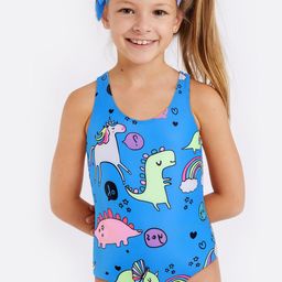 The Mom Store Sleeveless Dinosaur Printed Swimsuit With Headband Set - Blue-image-66