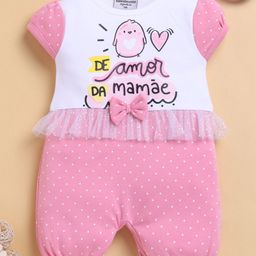 Wonderchild Interlock Cap Sleeves Polka Dots Printed Bow Applique Detailed Romper - White & Coral-5