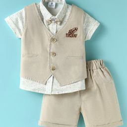 Mini Taurus Sinker Knit Half Sleeves 3 Piece Party Suit with Bow & Rocket Patch Detailing - Beige-image-94