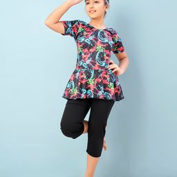 Aarika Half Sleeves Abstract Printed Frock Style Swimsuit - Black & Rani Pink-image-84