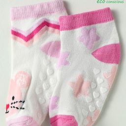 Babyoye Cotton Bamboo Knit Ankle Length Anti Skid Socks with Star & Animal Design Pack of 2 - White & Pink-image-98
