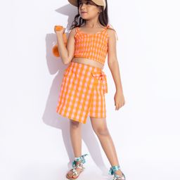 Taffykids 100% Cotton Sleeveless Checked Coordinating Smocked Crop Top & Skort Set - Orange & Pink-image-24