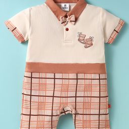 Mini Taurus Cotton Knit Half Sleeves Checks Romper With Embroidery - Rust Orange-image-55