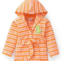 Babyhug Terry Cotton Knit Full Sleeves Bathrobe with Hood Striped Design & Dino Embroidery - Orange-image-21
