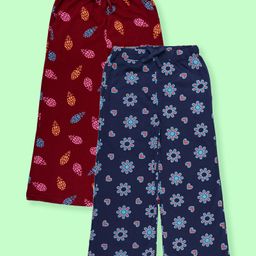 Kiddopanti Cotton Knit Pack Of 2 Ice Cream & Floral Printed Pajamas - Maroon & Navy Blue-image-1