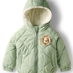 Babyhug Woven Full Raglan Sleeves Hooded Quilted Jacket with Applique & Kangaroo Pocket - Olive Green-image-33