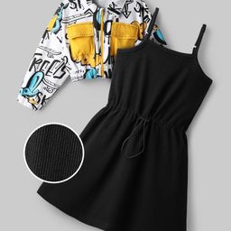 OLLINGTON ST. Cotton Full Sleeves Printed Jacket & Knit Inner Dress - Multicolor & Black-picture-20