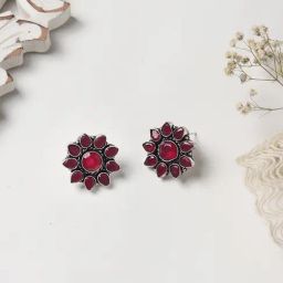 Teejh Ethnic Hrida Pink Stone Silver Oxidized Stud Earrings-18