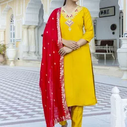 KALINI Women Embroidered Regular Thread Work Chanderi Silk Kurta with Trousers & Dupatta-1