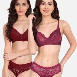 FIMS: Fashion is my Style Maroon & Maroon Lace Work Lingerie Set - Pack Of 2-image-91