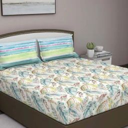 GM Blue & Green Cotton 180 TC Super King Size Bedsheet With 2 Pillow Cover-image-37