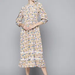 SASSAFRAS Women White & Navy Blue Floral Printed A-Line Midi Dress-image-59