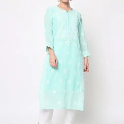PARAMOUNT CHIKAN Sea Green Cotton Embroidered Straight Kurta-image-51