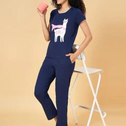 YU by Pantaloons Navy Cotton Graphic Print Top Pyjama Set-picture-27